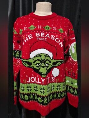 Star Wars Red & Green Yoda Holiday Crewneck Sweater